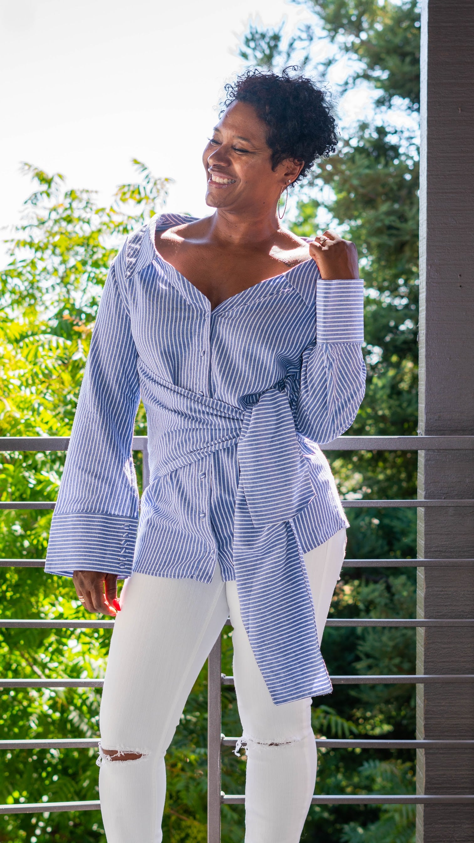 Stripe White and Blue Off Shoulder Top